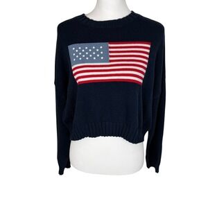 Moon & Madison Navy Blue‎ Cropped Sweater American Flag Knit Women's Size M